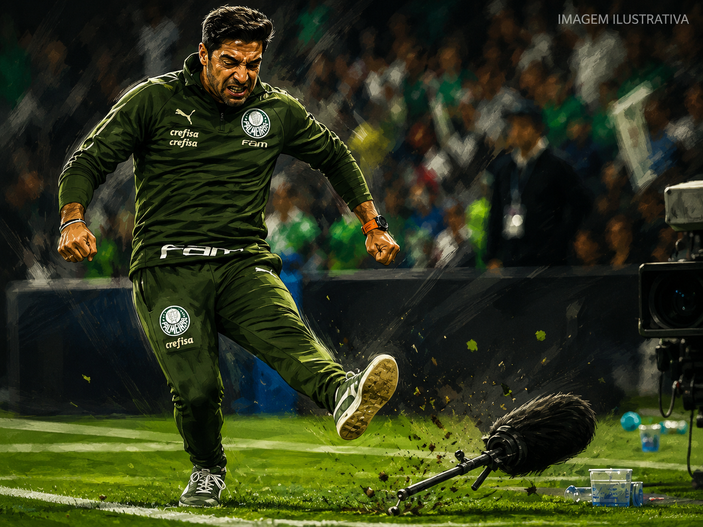 imagem ilustrativa de Abel ferreira Chutando um microfone. Acredite: a cena real é pior!