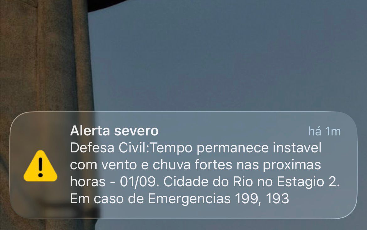 Notificação da Defesa Civil no Rio de Janeiro, nesta terça, 1 de setembro