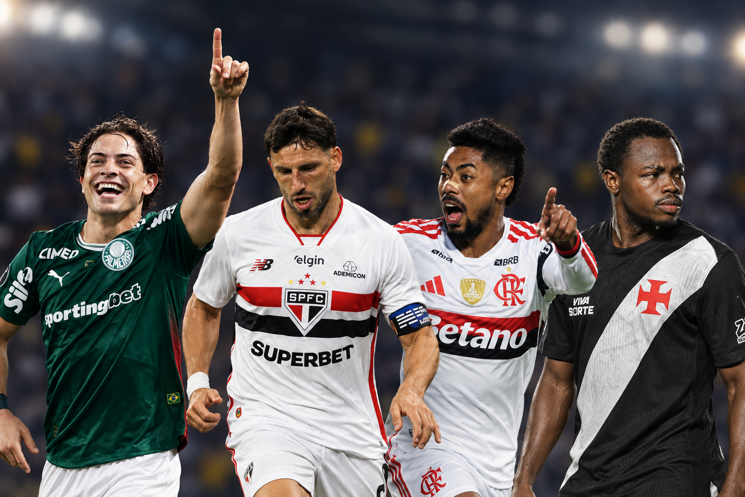 Arte produzida com IA pelo Universo Inesquecível | Fotos de referência: Alexandre Schneider/Getty Images; Juan Mabromata/AFP; Rodrigo Buendia/AFP; Matheus Lima/Vasco