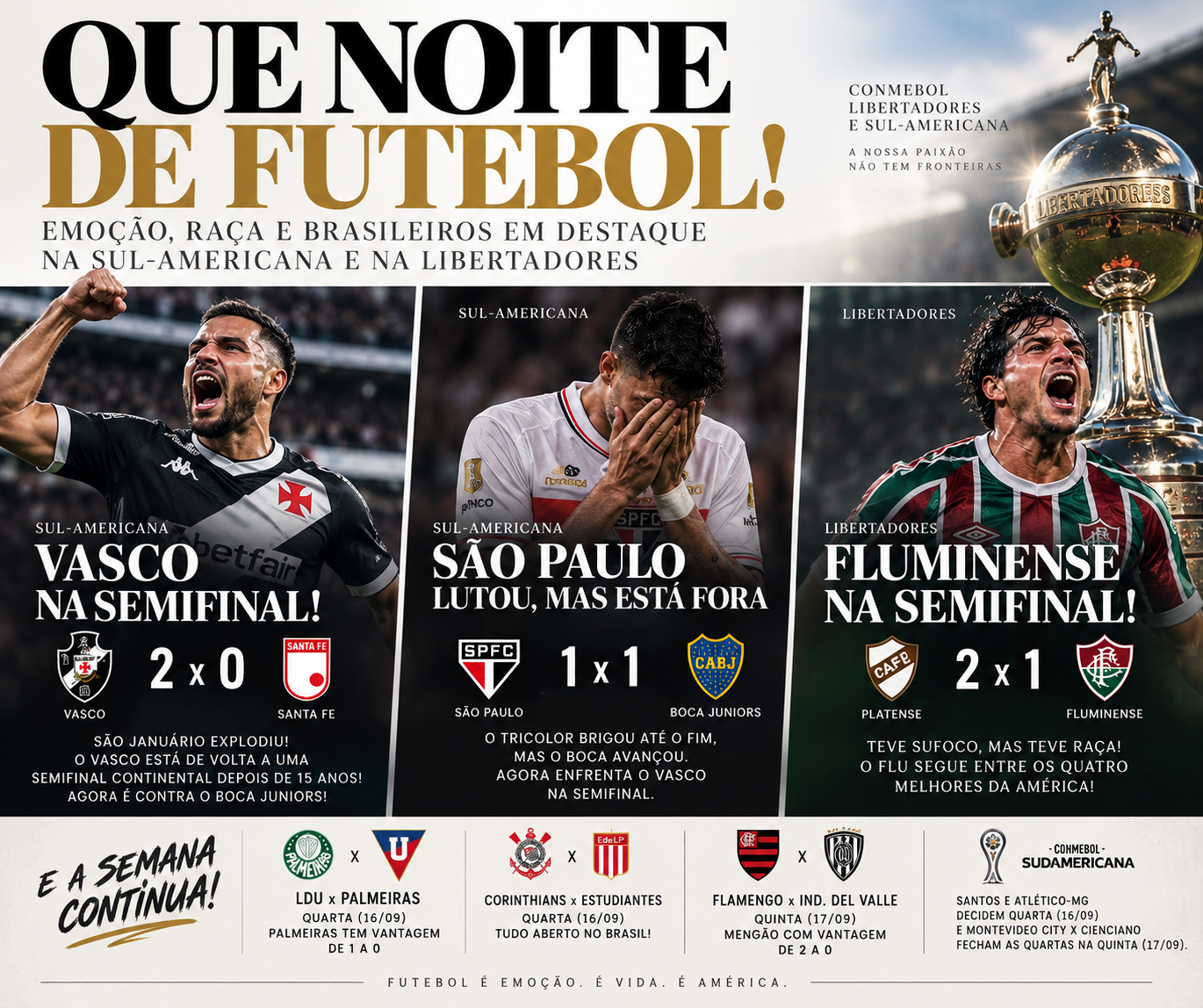 Que noite de futebol! Vasco faz São Januário explodir e Libertadores tem emoção até o fim