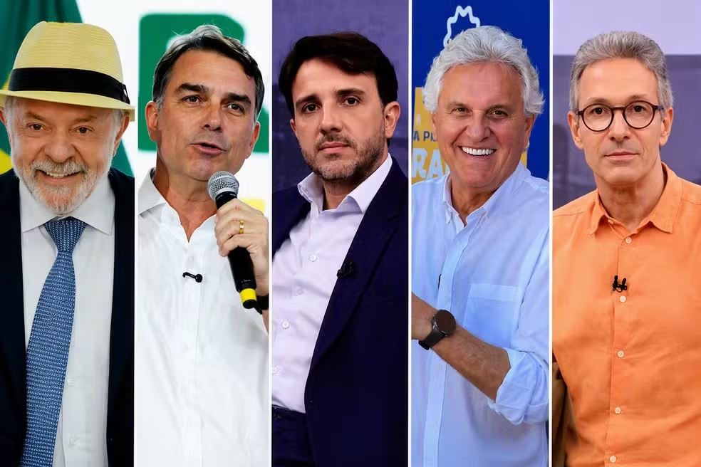 5 dos 12 candidatos à presidência da república. Da esquerda para a direita: Lula, Flávio Bolsonaro, Renan Santos, Ronaldo Caiado e Romeu Zema. Foto: Reprodução
