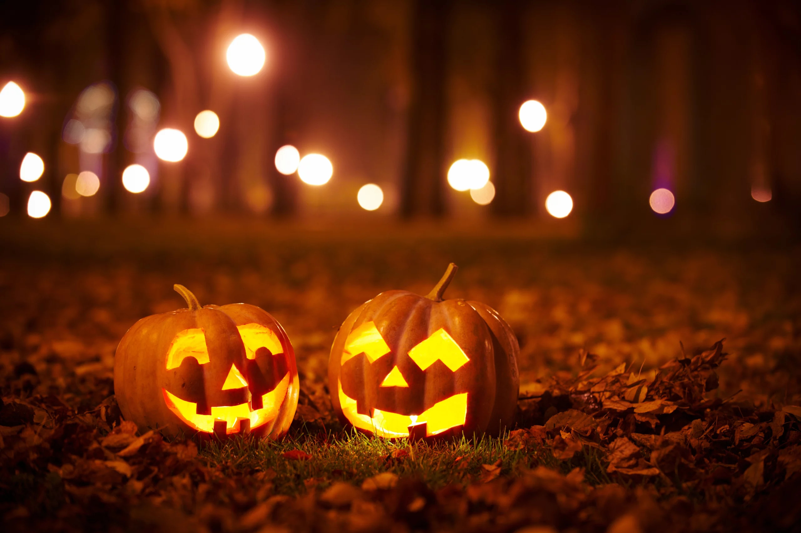 Foto: Duas abóboras esculpidas e iluminadas por dentro, conhecidas como jack-o’-lanterns, aparecem sobre folhas secas durante a noite, representando um dos símbolos mais tradicionais do Halloween, celebrado em 31 de outubro. Foto: iStock