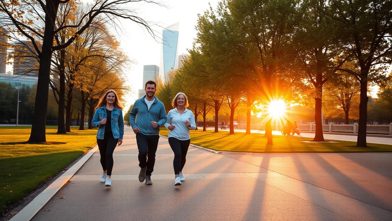 Pessoas caminhando em parque ao amanhecer