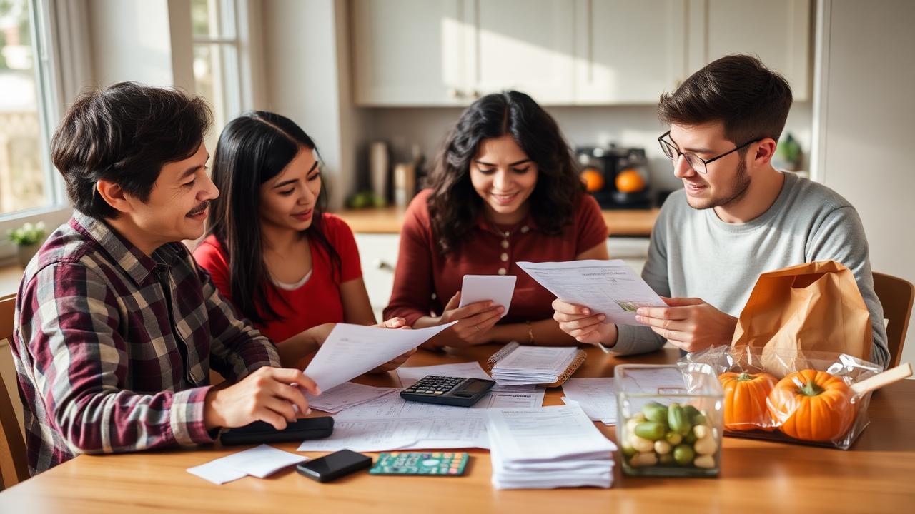 Família conferindo contas na cozinha