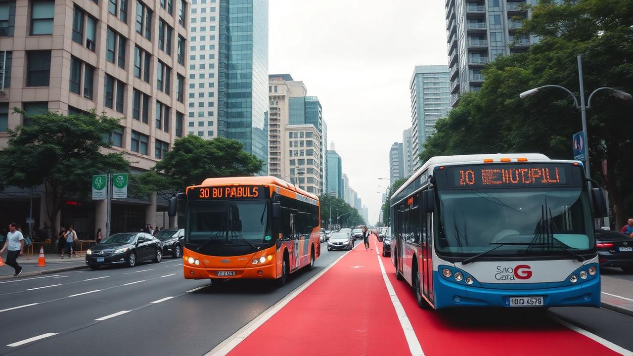 Ônibus em faixa exclusiva vermelha
