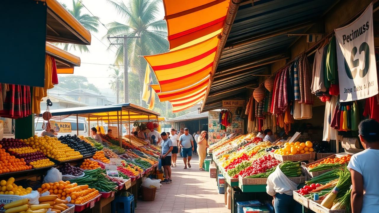 Barracas de feira com frutas e verduras