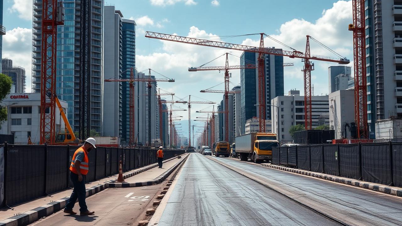 Obras urbanas em andamento com guindastes