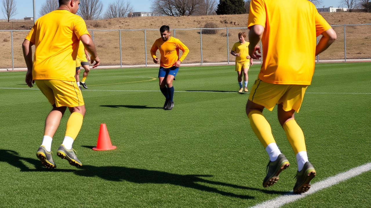 Treino de futebol em campo gramado